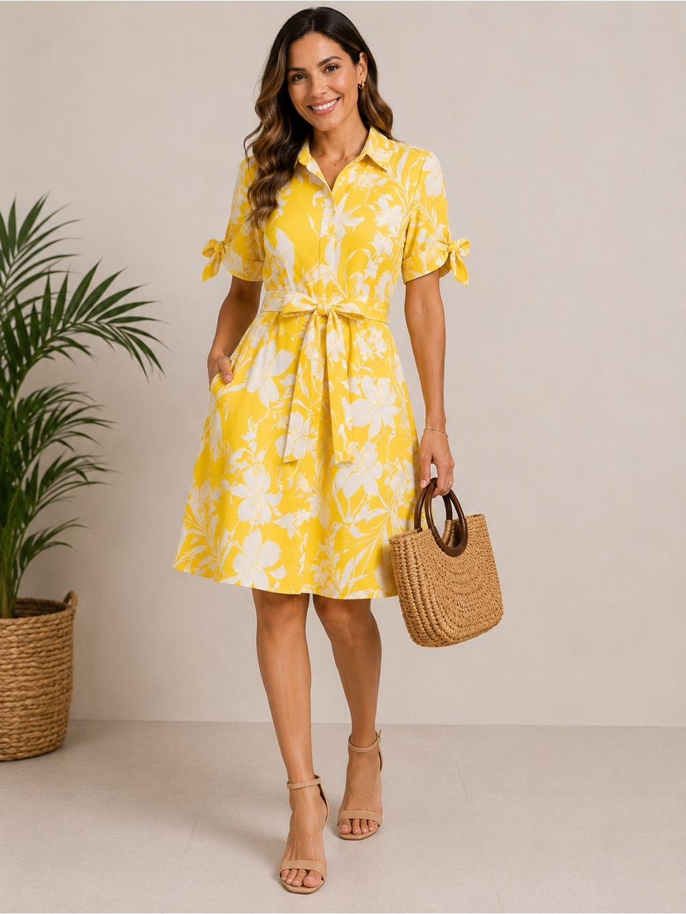 Calvin Klein Yellow and White Floral Tie-Waist Midi Dress
